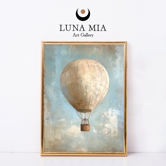 Vintage Cream Hot Air Balloon Retro Blue Sky Painting Poster