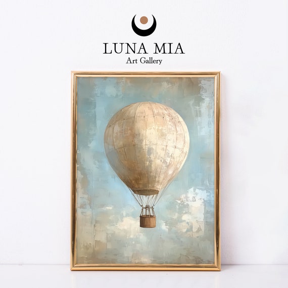 Vintage Hot Air Balloon Oil Painting Print Whimsical Nursery Art