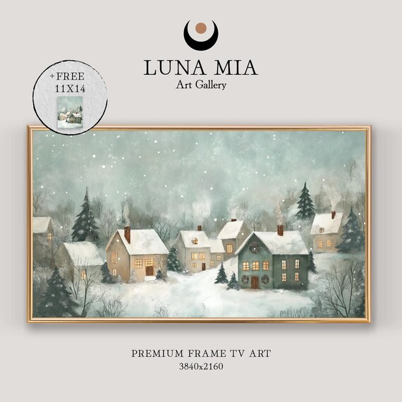 Cozy Snow Covered Village With Glowing Windows Under Falling Snow Poster