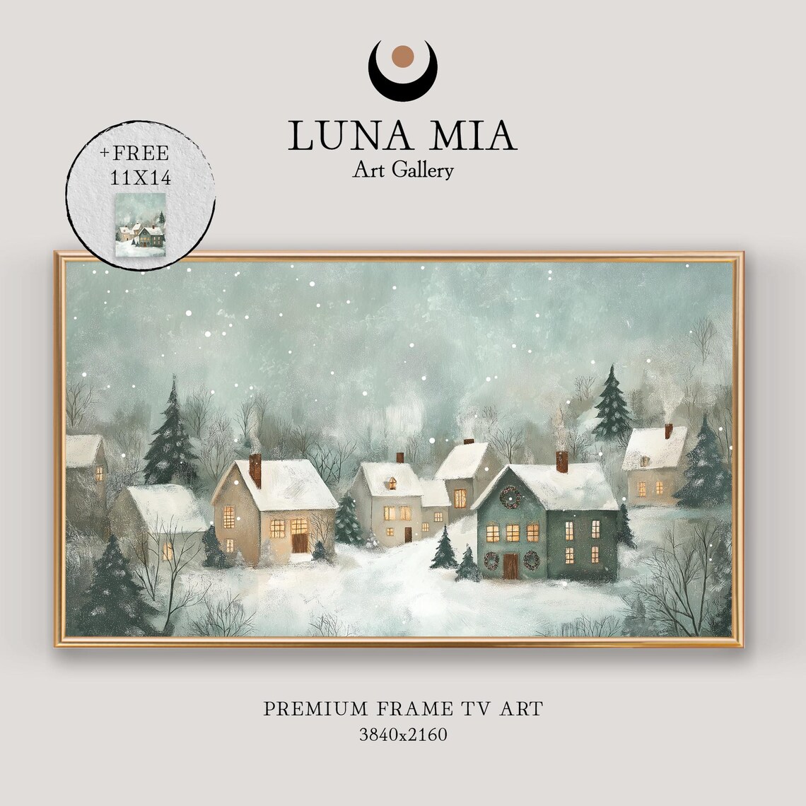 Cozy Snow Covered Village With Glowing Windows Under Falling Snow Poster