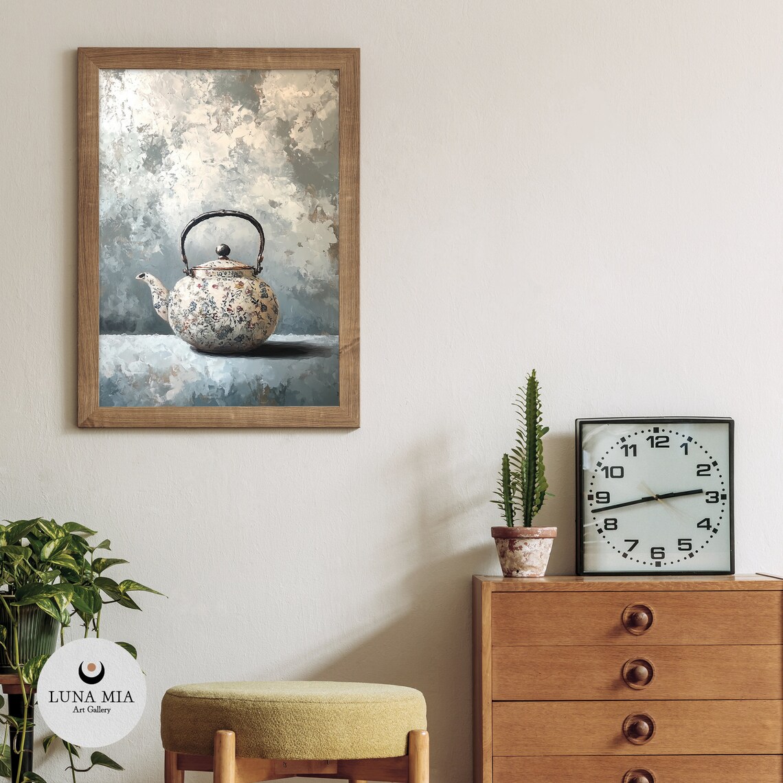 Vintage Floral Enamel Teapot Still Life Blue Gray Oil Poster - Image 3