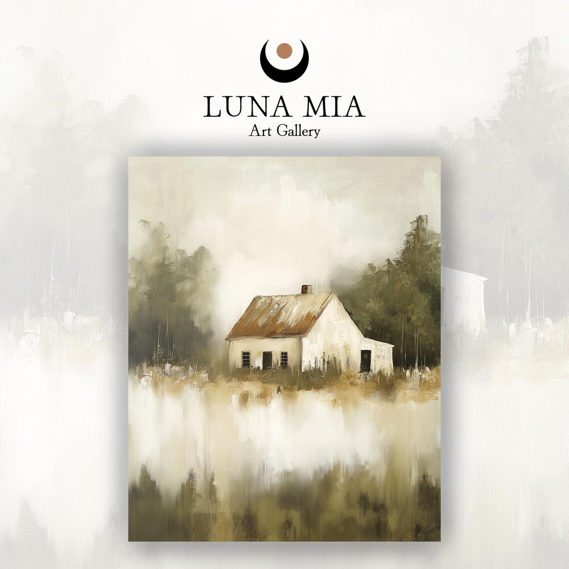 Old White Country Cottage In Misty Green Field Oil Painting Poster - Image 2