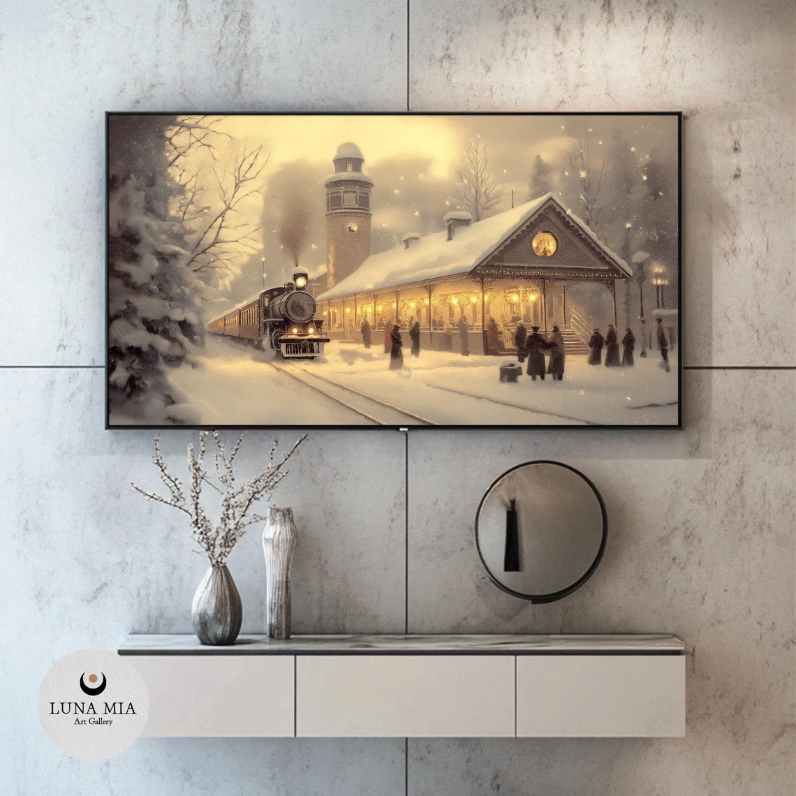 Warm Rustic Snowy Train Station Art For Tv Frame Festive Holiday Scene Home Decor - Image 2