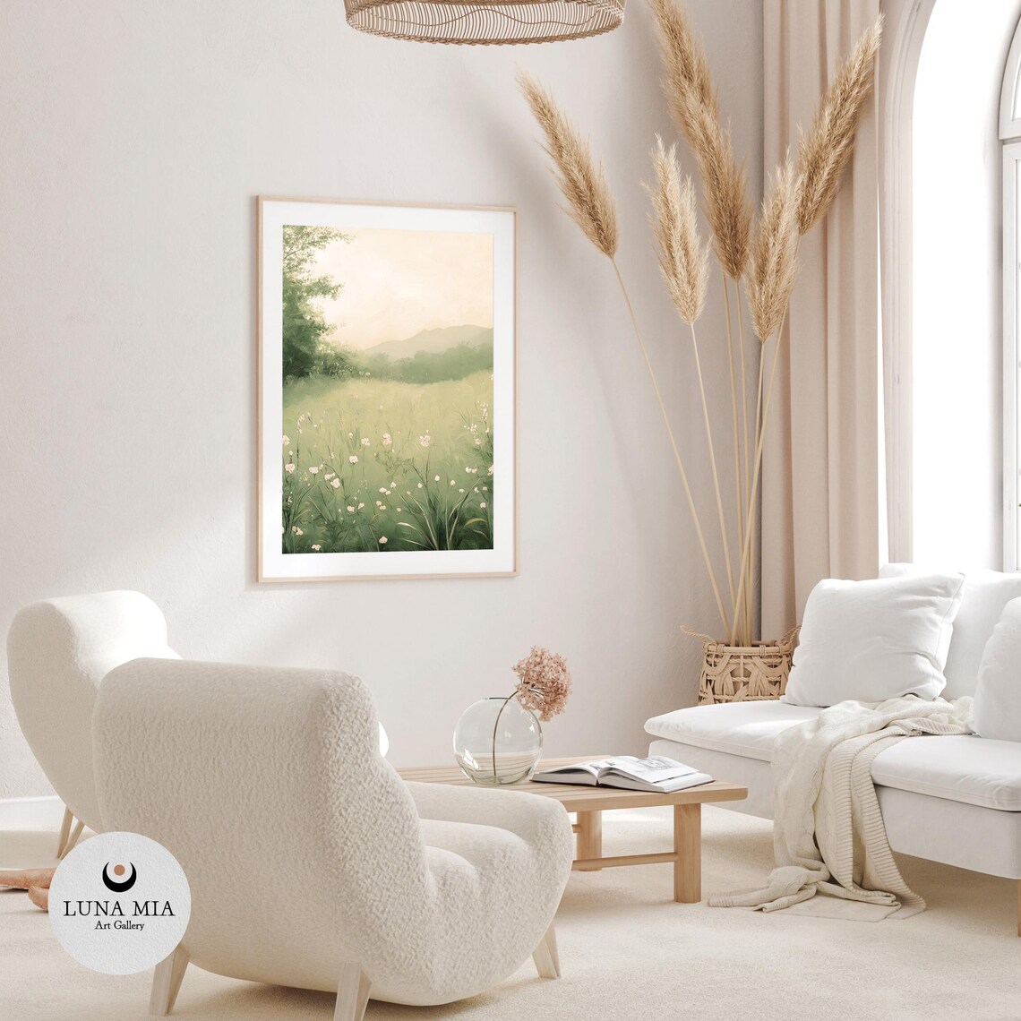 White Wildflowers In A Soft Green Field With Hazy Hills Serene Poster - Image 3