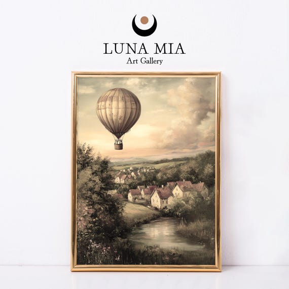 Vintage Hot Air Balloon Oil Painting For Wall Art Instant Landscape Art With River And Green Trees