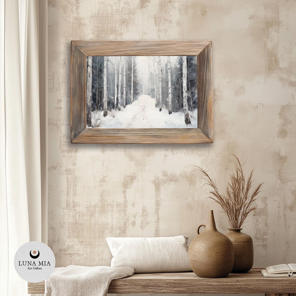 Snowy Birch Alley Black and White Winter Forest Landscape Poster - Image 3