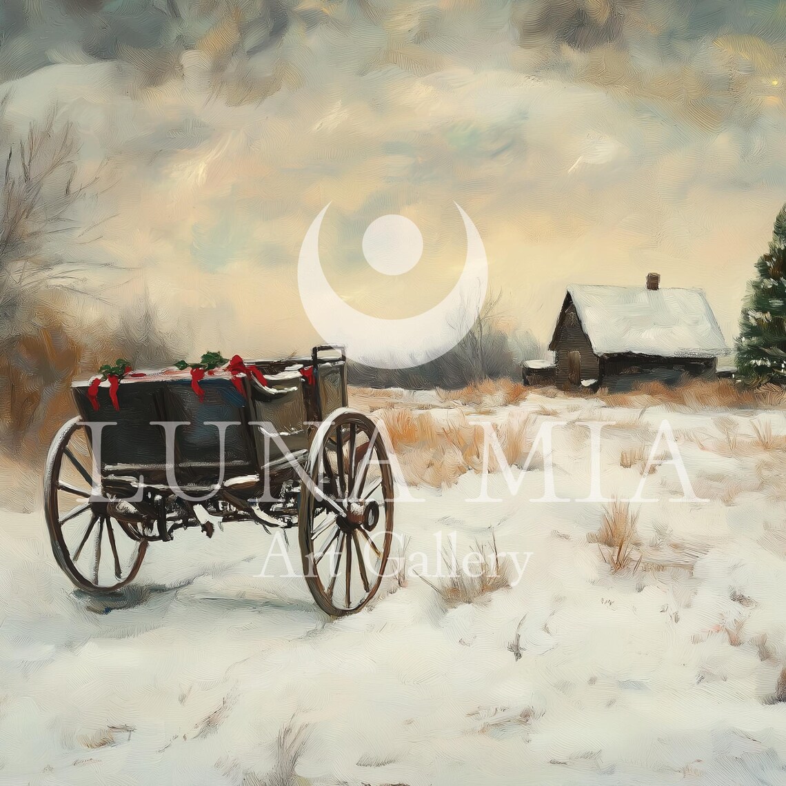 Horse Drawn Wagon With Red Bows In A Snowy Field Vintage Winter Poster - Image 5