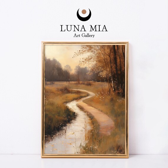 Winding Autumn Stream Through Meadow At Golden Sunset Oil Painting Poster
