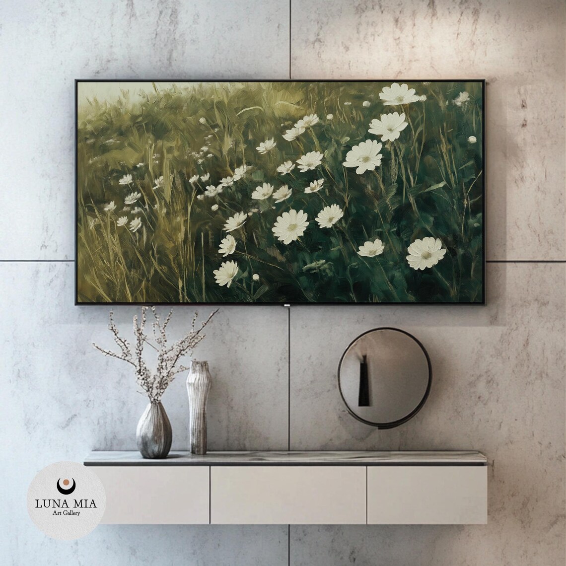 White Daisies in Green Meadow Rustic Wildflower Landscape Poster - Image 2