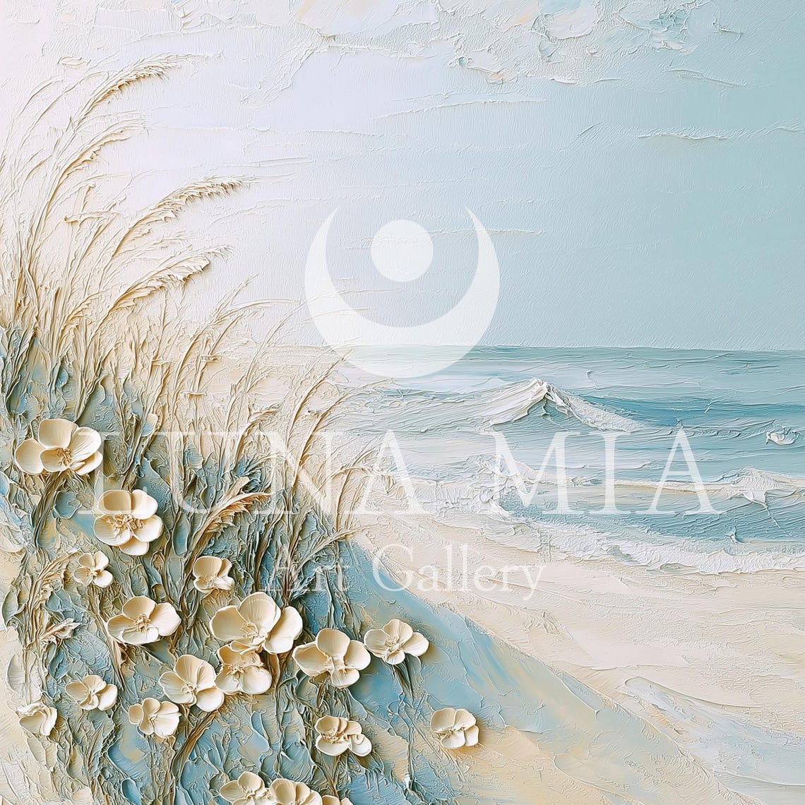 Textured Coastal Beach Scene With White Blossoms And Dune Grass Poster - Image 5