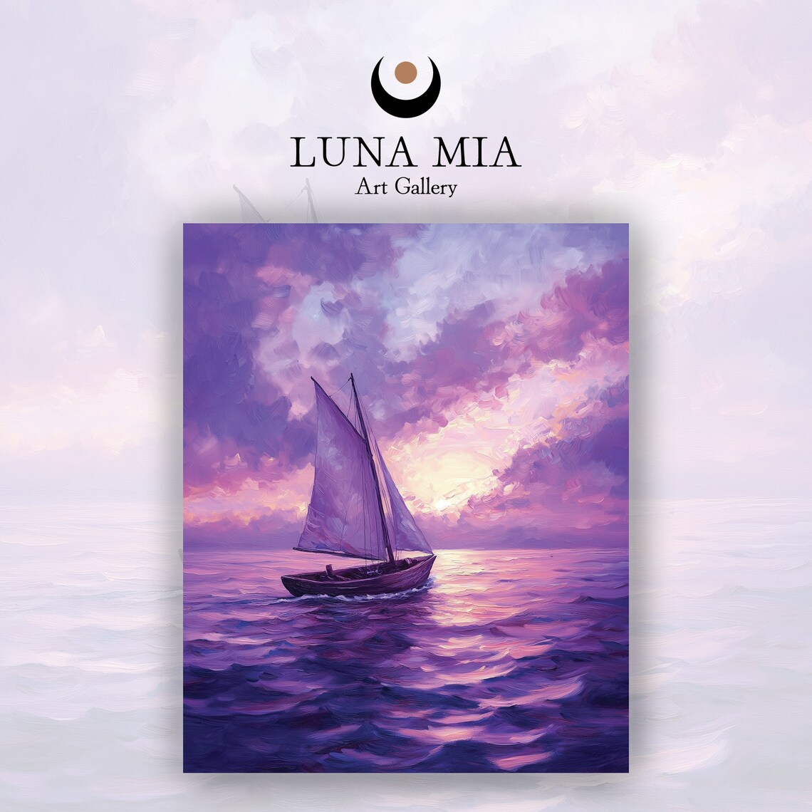 Lone Purple Sailboat Sailing Violet Sea at Sunset Art Poster - Image 2
