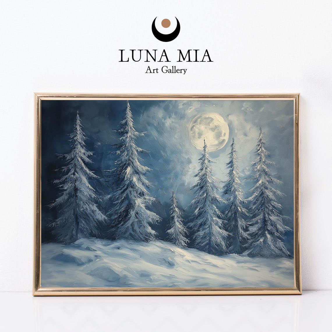 Full Moon Over Snowy Pine Forest Blue Night Winter Landscape Poster