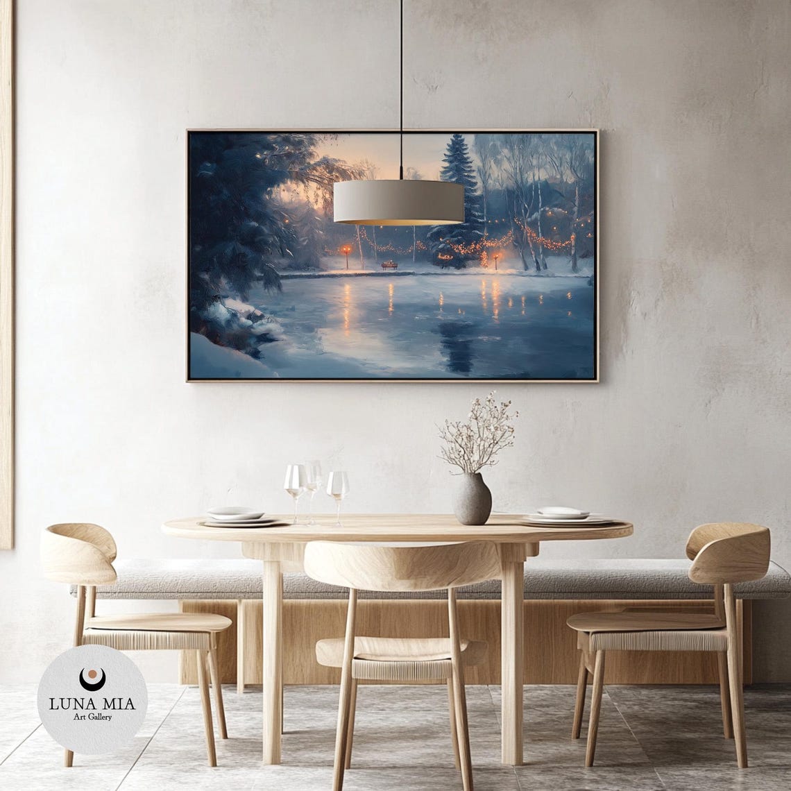 Frozen Lake At Dusk With Glowing String Lights Winter Evening Poster - Image 3