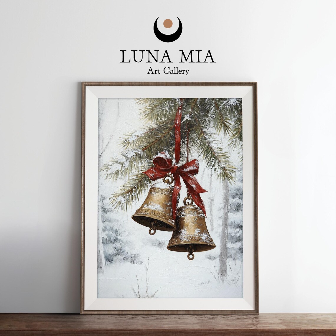 Golden Christmas Bells with Red Bow Vintage Winter Art Poster