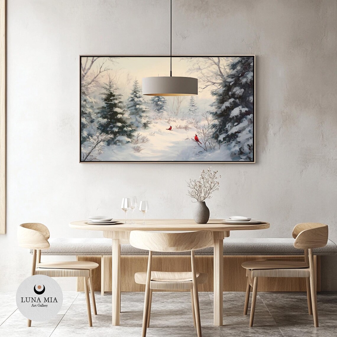 Two Red Cardinals In A Snow Covered Pine Forest Winter Painting Poster - Image 3