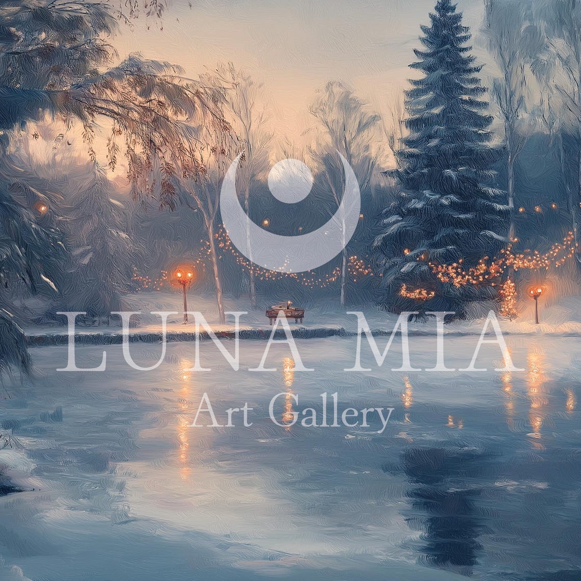 Frozen Lake At Dusk With Glowing String Lights Winter Evening Poster - Image 5