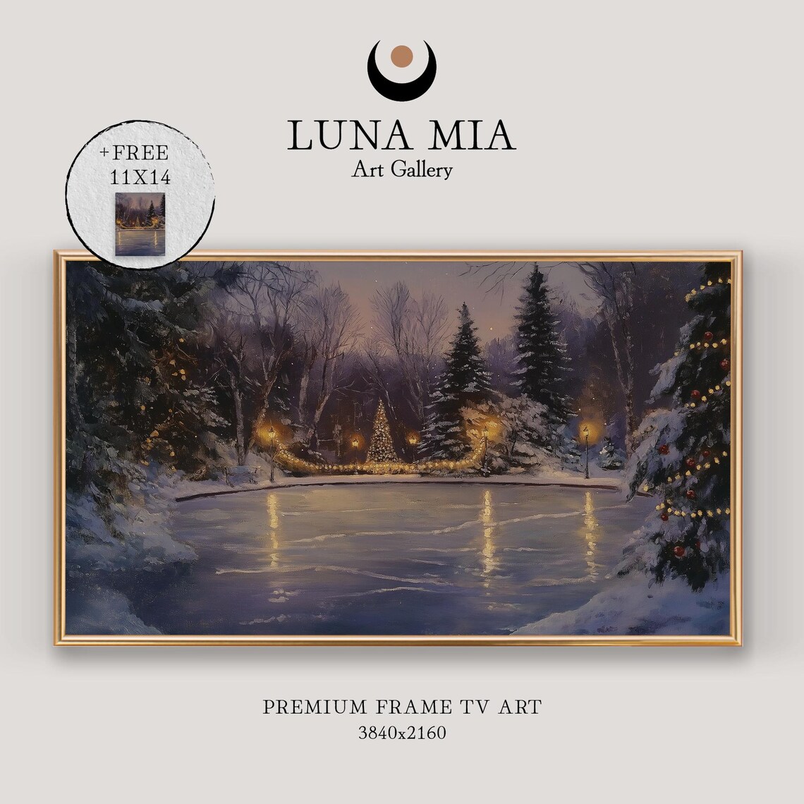 Moonlit Winter Pond with Christmas Lights Snowy Night Art Poster