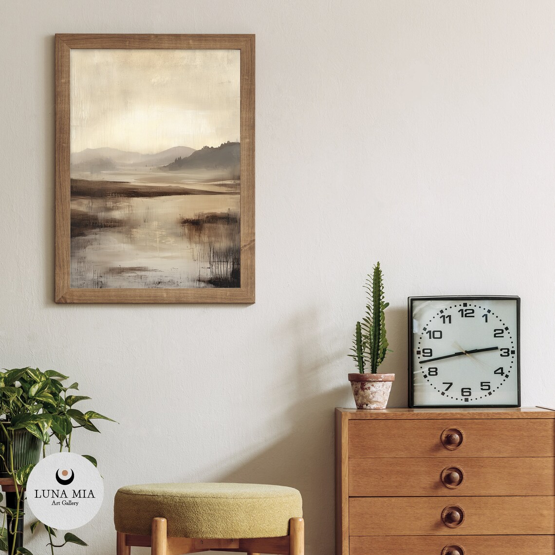 Misty Beige Lake Landscape Minimalist Neutral Art Painting Poster - Image 3