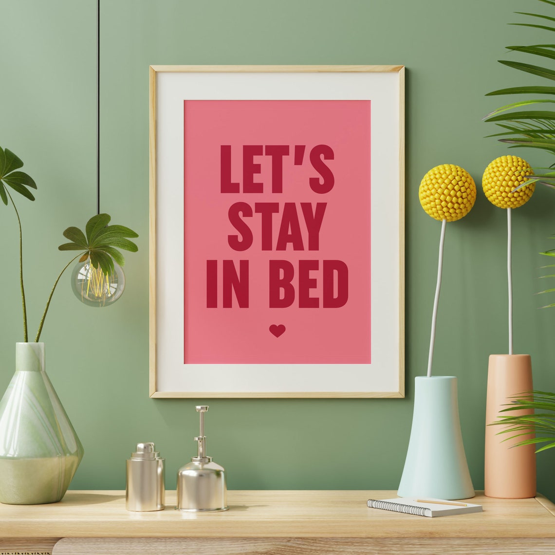 Lets Stay In Bed Pink Romantic Bedroom Couple Heart Quote Poster - Image 2