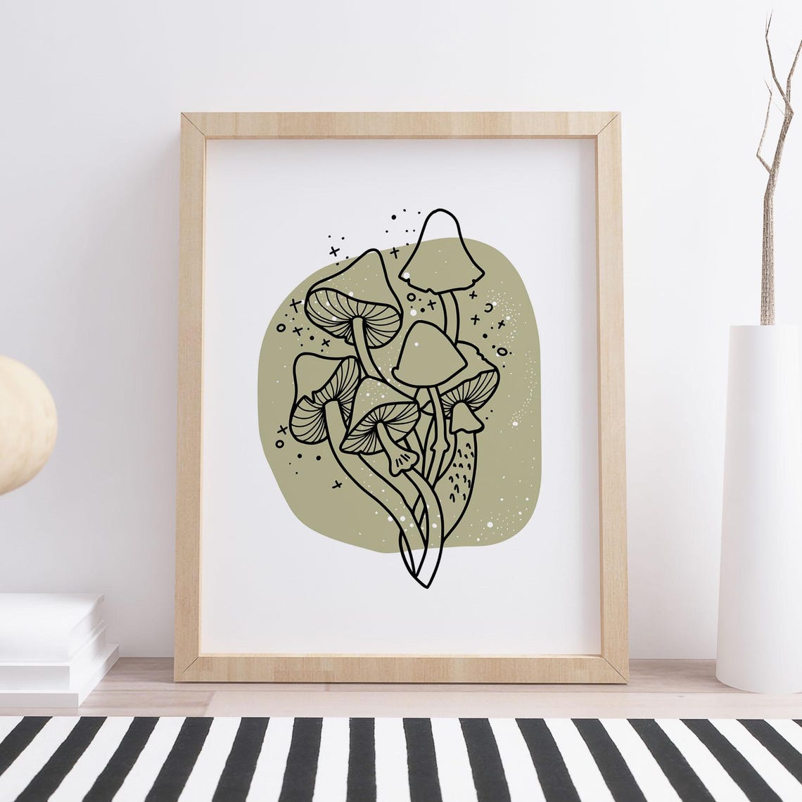 Mushroom Line Art Sage Green Retro Boho Mystical Botanical Poster - Image 2