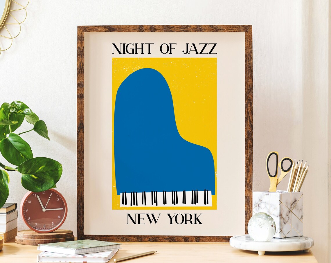Retro Night of Jazz New York Blue Piano Colorful Music Art Poster