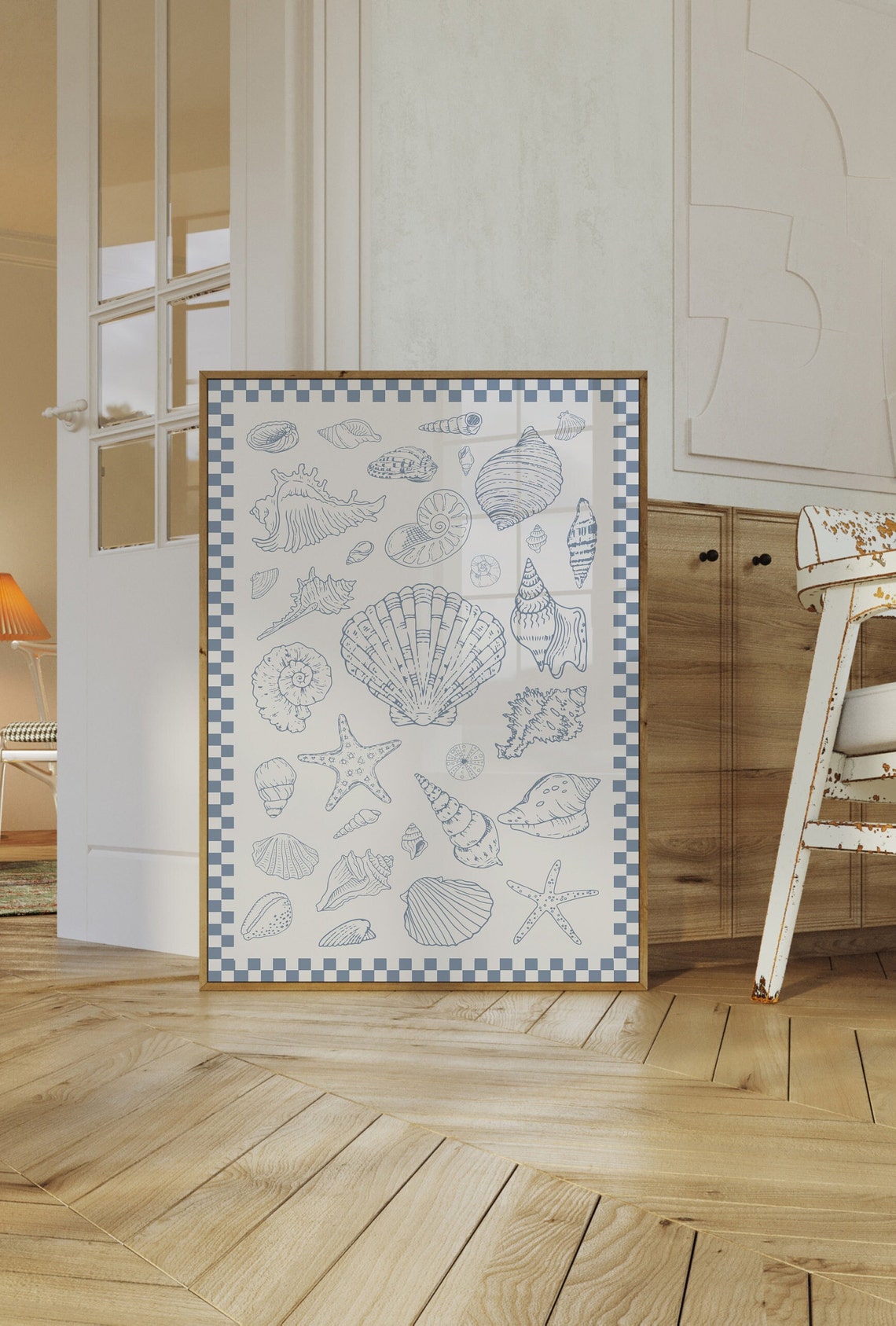 Blue Seashell Line Art Collection Coastal Checkered Wall Poster - Image 2