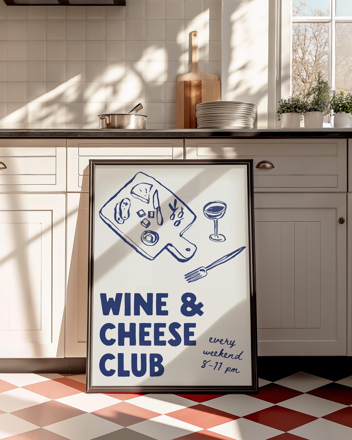 Wine and Cheese Club Hand Drawn Kitchen Blue Line Art Poster - Image 2