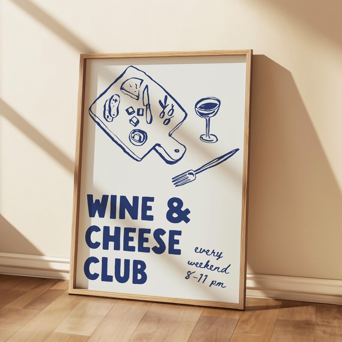 Wine and Cheese Club Hand Drawn Kitchen Blue Line Art Poster