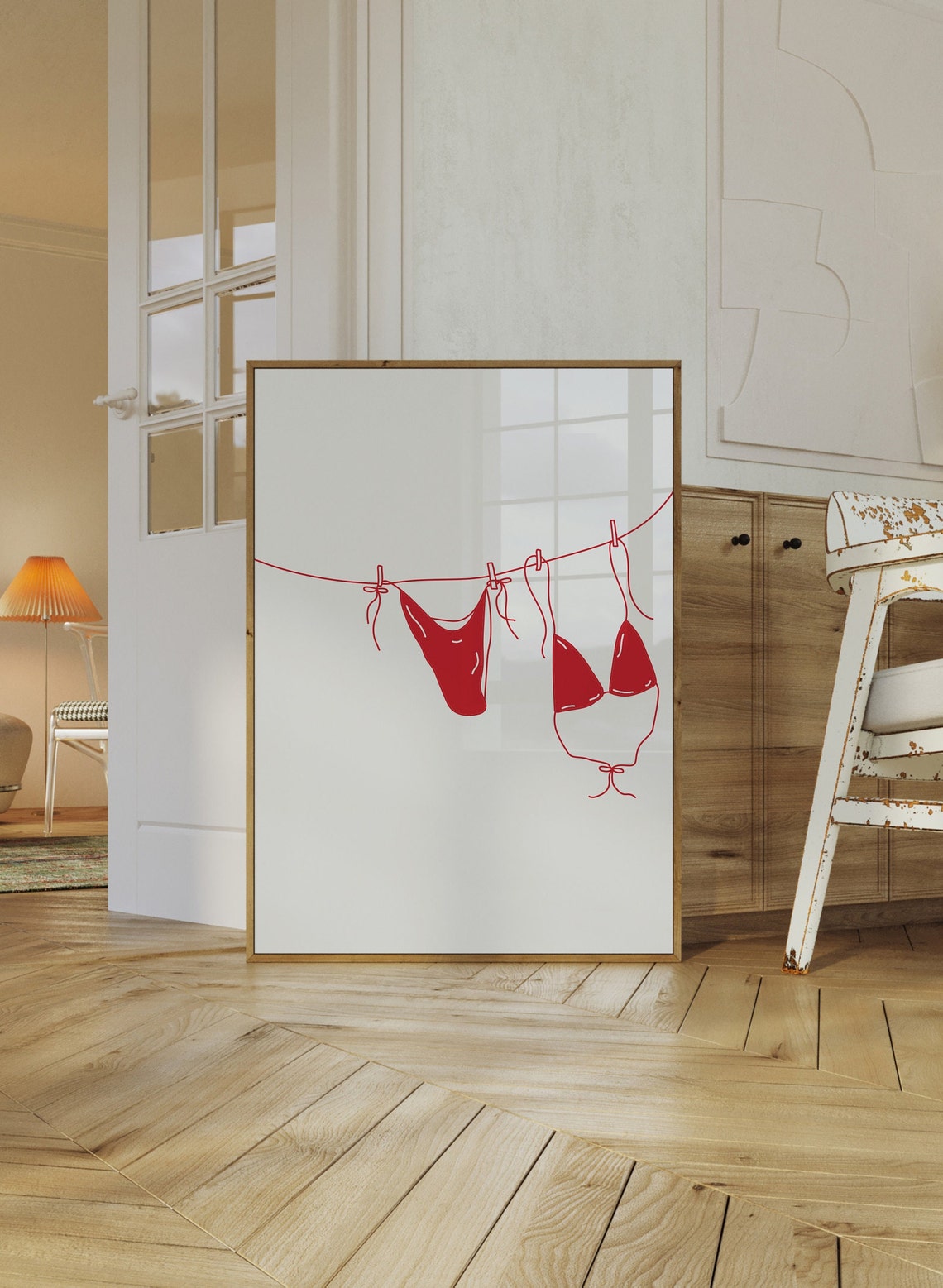 Minimalist Red Bikini On A Clothesline Coastal Line Art Print - Image 2