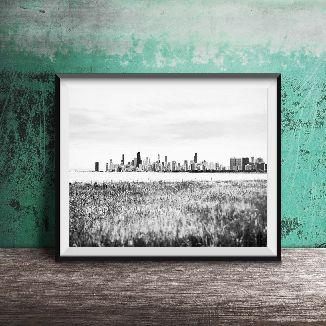 Chicago Skyline Over Lake Michigan Prairie Grass View Poster - Image 2