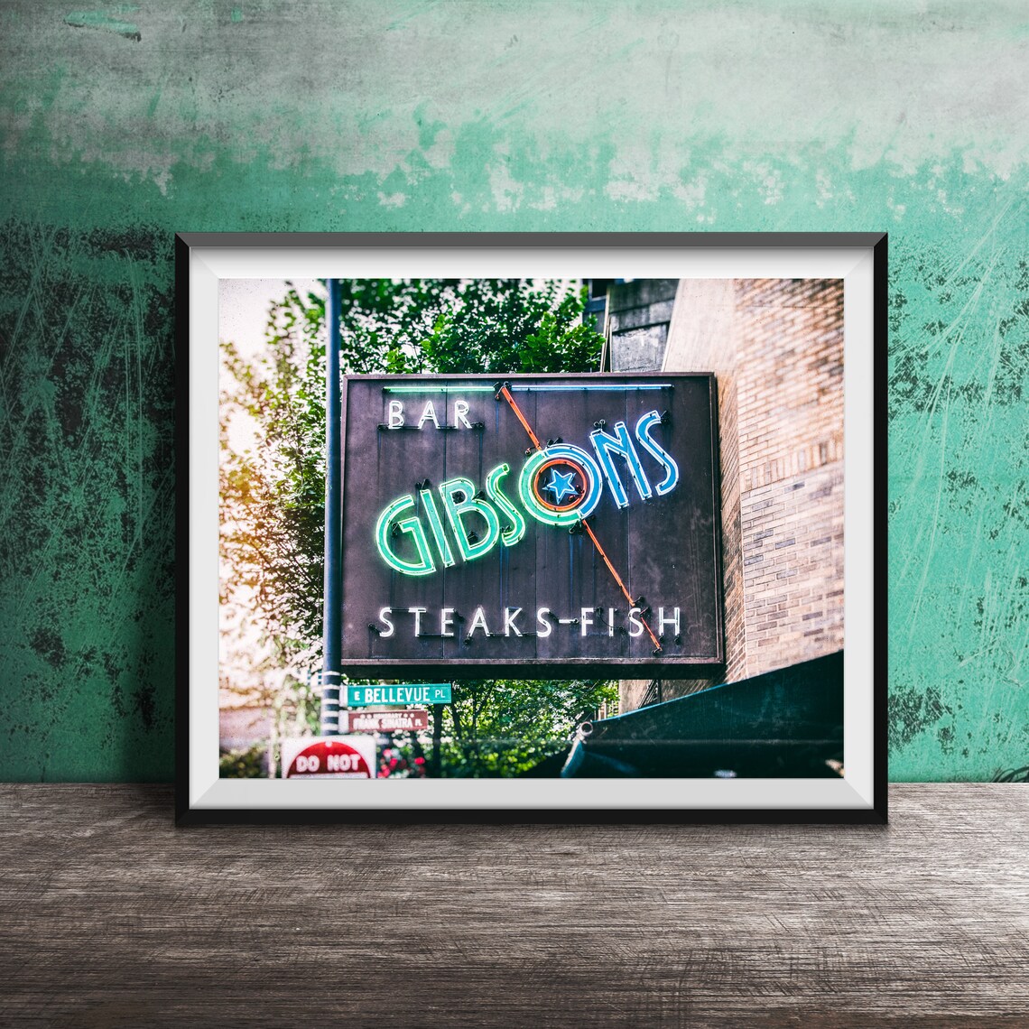 Gibsons Bar Steaks Fish Neon Sign Bellevue Place Chicago Poster