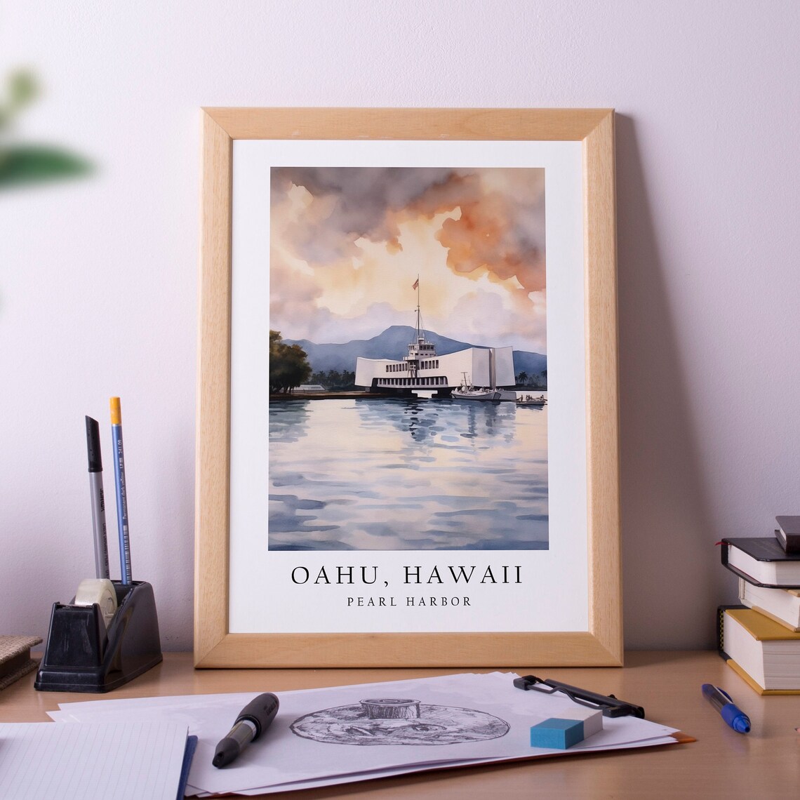 Pearl Harbor Oahu Hawaii USS Arizona Memorial Watercolor Travel Poster