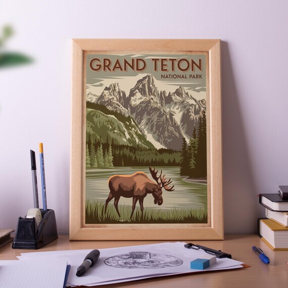 Grand Teton National Park Moose by Water Vintage Travel Poster