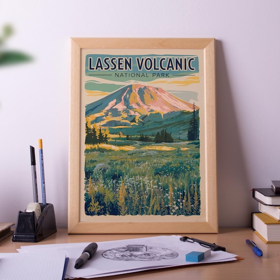 Lassen Volcanic National Park Vintage Retro Mountain Travel Poster