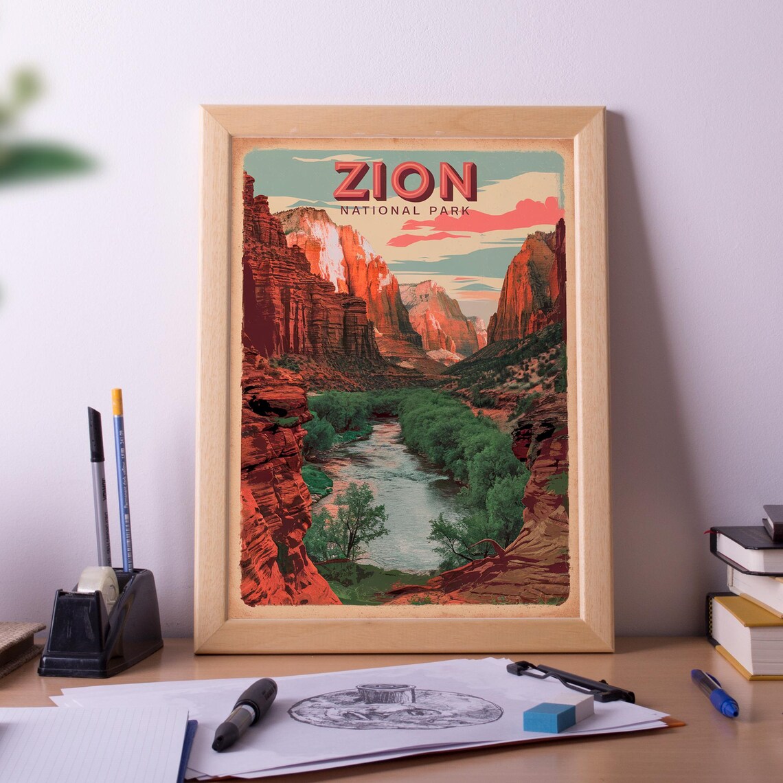 Zion National Park Vintage Retro Red Canyon River Art Poster