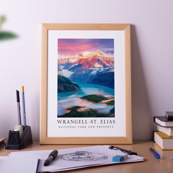 Wrangell-St. Elias Alaska Mountain Lake National Park Travel Poster