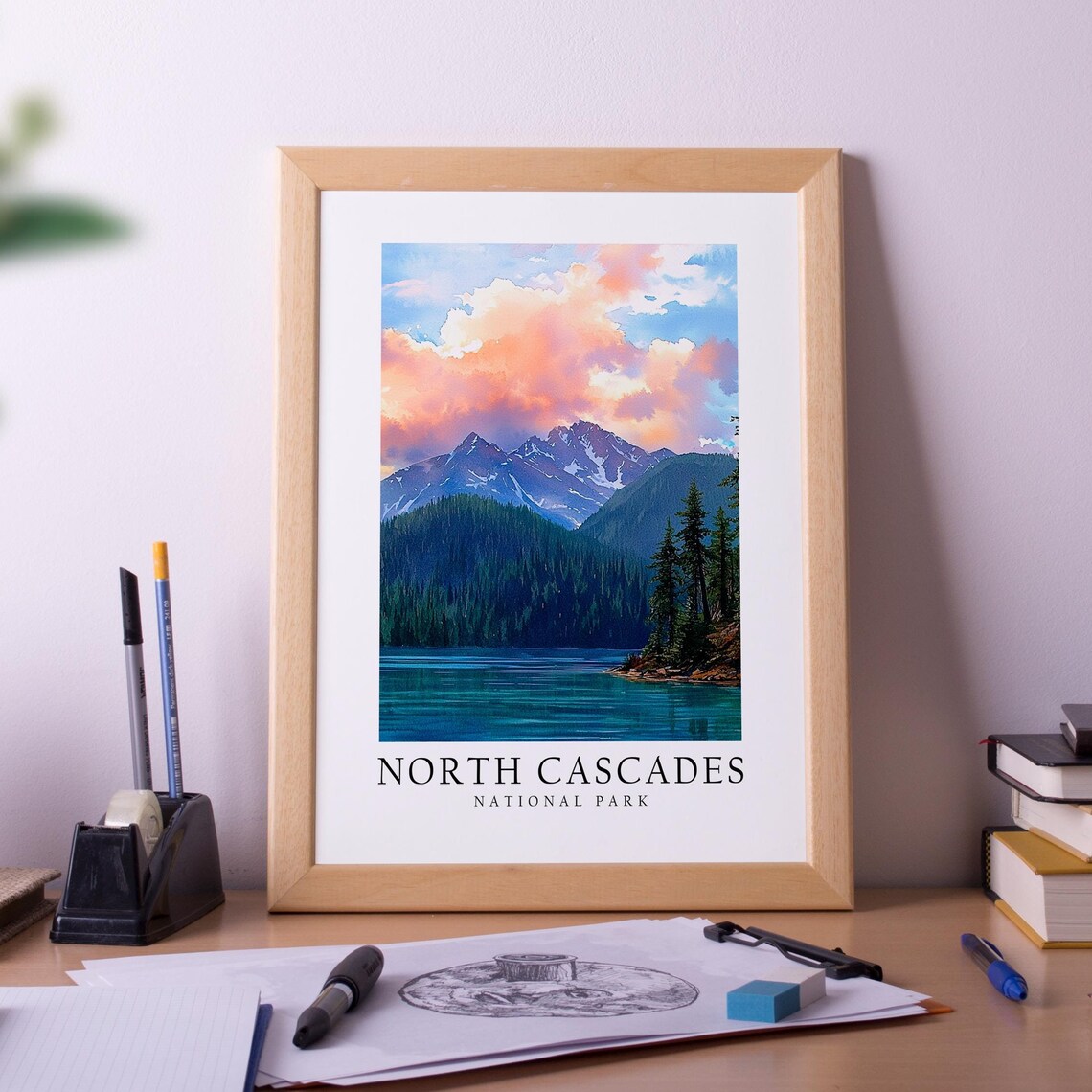 North Cascades National Park Mountain Lake Sunset Travel Poster
