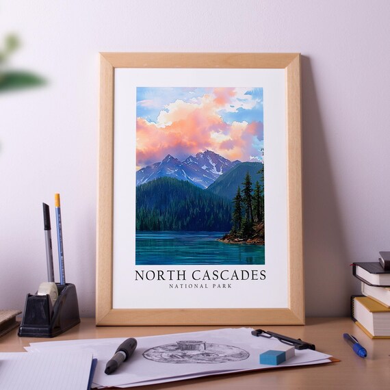 North Cascades National Park Mountain Lake Sunset Travel Poster