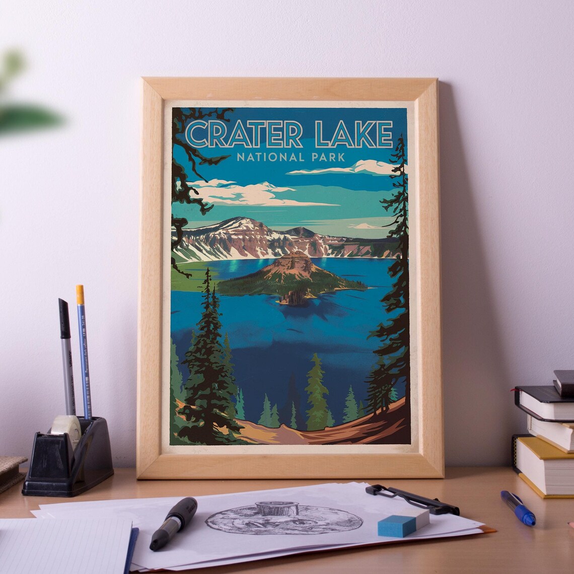 Crater Lake National Park Vintage Travel Poster With Wizard Island
