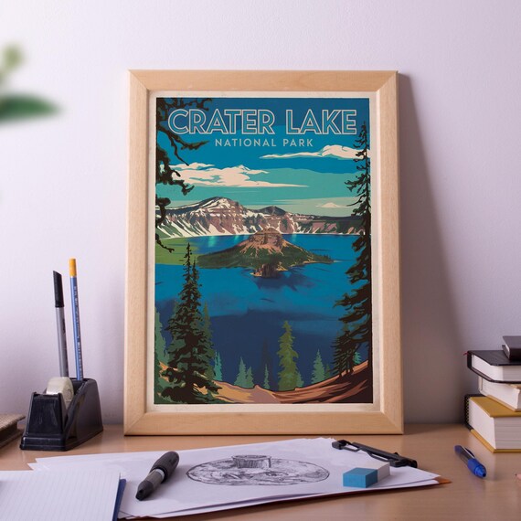 Crater Lake National Park Vintage Travel Poster With Wizard Island