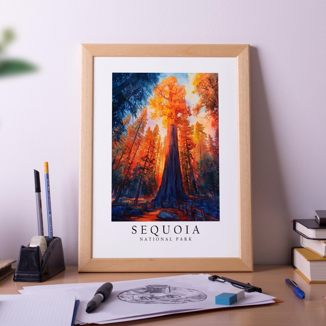 Sequoia National Park Giant Tree Watercolor Sunset Travel Poster