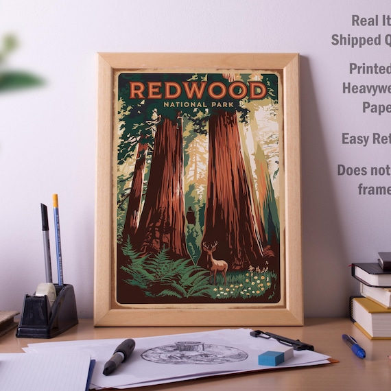 Redwood National Park Retro Giant Trees Deer Vintage Travel Poster