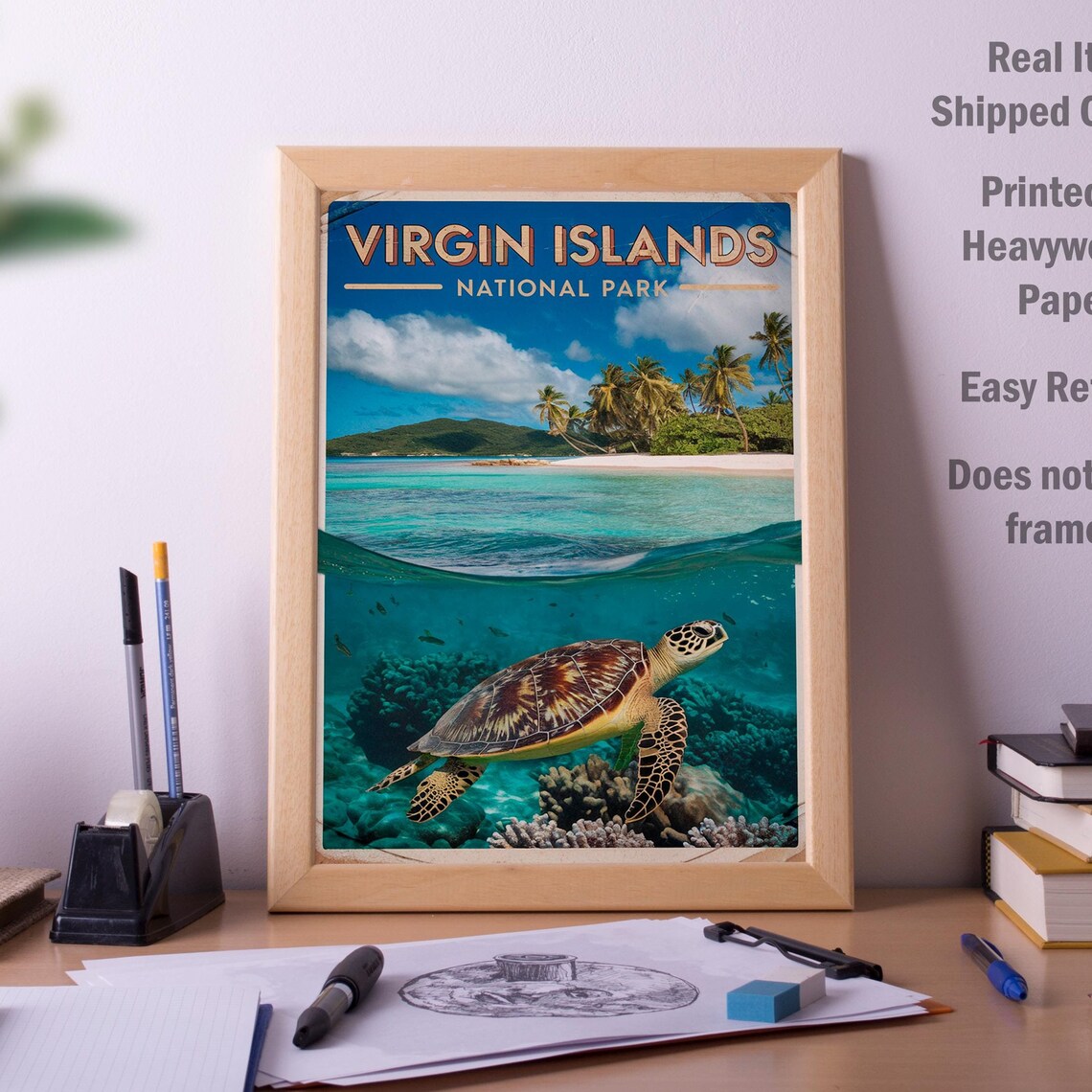 Virgin Islands National Park Sea Turtle Vintage Travel Poster