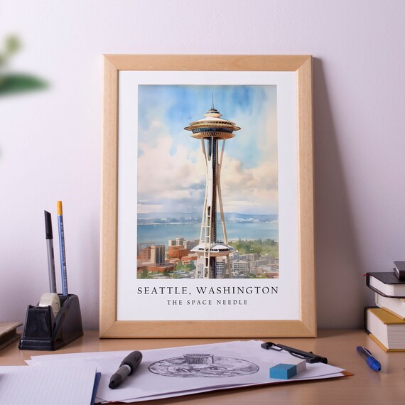 Seattle Washington Space Needle Watercolor Landmark Travel Poster