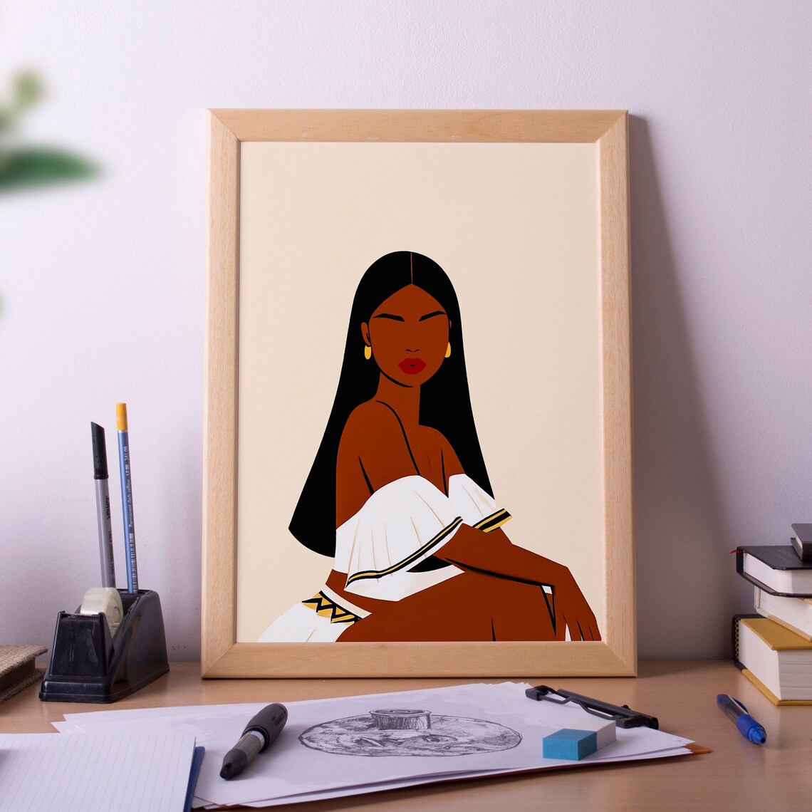 Elegant Taino Woman Minimalist Long Hair Portrait Art Poster