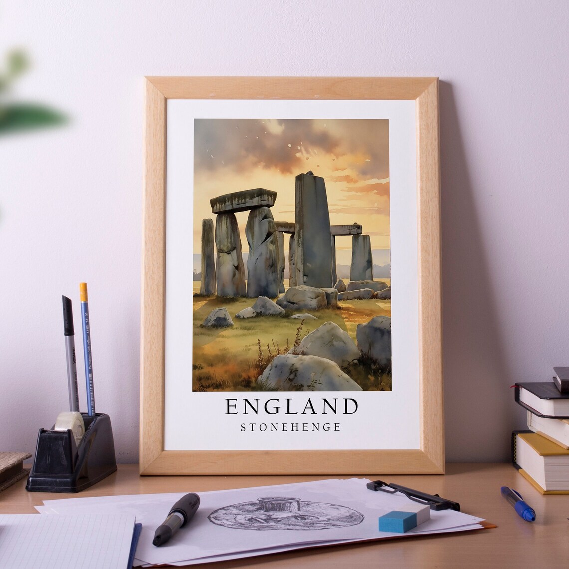 Stonehenge England Golden Hour Watercolor Travel Poster Artwork