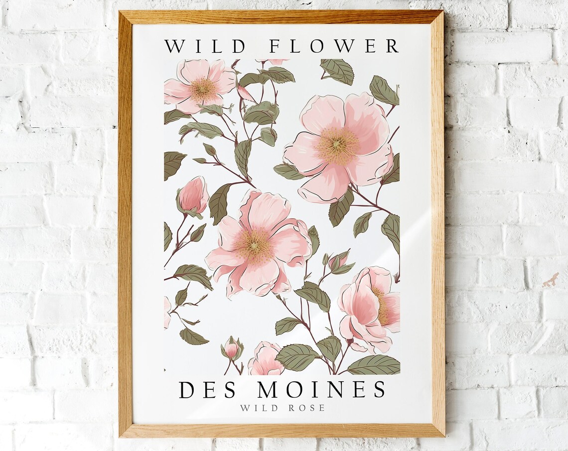 Des Moines Iowa Wild Rose Pink Botanical Wildflower Art Poster