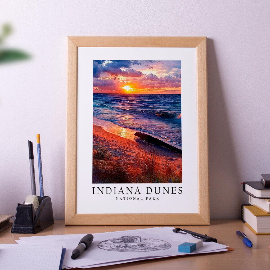 Indiana Dunes National Park Fiery Sunset Beach Travel Poster