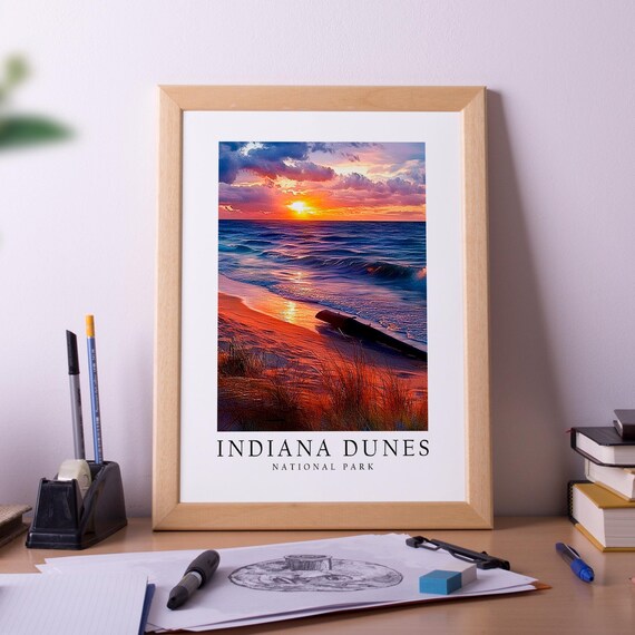 Indiana Dunes National Park Fiery Sunset Beach Travel Poster
