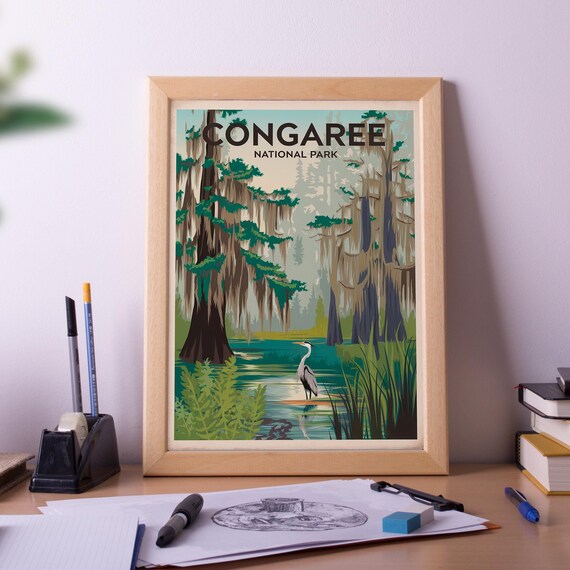 Congaree National Park Cypress Swamp Heron Retro Style Travel Poster